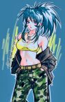  1girl bangs bare_shoulders belt blue_eyes blue_hair breasts camouflage camouflage_pants crop_top dog_tags earrings hands_in_pants highres jacket jewelry leona_heidern navel pants ponytail poririna signature solo tank_top the_king_of_fighters triangle_earrings watermark web_address yellow_tank_top zipper 