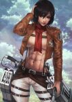  1girl abs absurdres bangs black_hair clouds cloudy_sky cropped_jacket hair_between_eyes highres holding holding_weapon jacket lips mikasa_ackerman monori_rogue muscular muscular_female outdoors pants red_scarf scarf shingeki_no_kyojin short_hair sky solo three-dimensional_maneuver_gear weapon 
