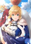  1boy 1girl ahoge armor artoria_pendragon_(all) back-to-back blonde_hair blue_bow blue_cape bow braid cape cape_grab closed_mouth clouds crown_removed emiya_shirou fate/grand_order fate_(series) gauntlets green_eyes hair_bow highres holding_crown iroha_(shiki) looking_at_viewer orange_hair saber sengo_muramasa_(fate) shiny shiny_hair short_hair sky smile upper_body 
