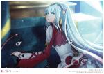  1girl blurry border dress floating_hair high_ponytail lailah_(tales) long_hair long_sleeves monicanc open_mouth silver_hair solo stairs tales_of_(series) tales_of_zestiria very_long_hair white_border white_dress 