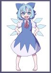  1girl absurdres bangs barefoot black_border blue_bow blue_dress blue_eyes blue_hair border bow cirno collared_shirt dress eyebrows_behind_hair full_body hair_bow hands_on_hips highres ice ice_wings kame_(kamepan44231) looking_at_viewer neck_ribbon open_mouth puffy_short_sleeves puffy_sleeves red_neckwear red_ribbon ribbon shirt short_hair short_sleeves simple_background smile solo standing touhou white_background white_shirt wings 