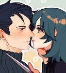  1boy 1girl bangs black_hair blue_eyes blue_hair brown_eyes byleth_(fire_emblem) byleth_eisner_(female) close-up closed_mouth commentary couple dagger eva_smith eye_contact eyebrows_visible_through_hair felix_hugo_fraldarius fire_emblem fire_emblem:_three_houses from_side hair_between_eyes hetero holding holding_weapon imminent_kiss lips long_hair long_sleeves looking_at_another parted_lips shirt simple_background smile sweater symbol_commentary turtleneck weapon 