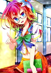  1girl absurdres dress glasses gradient_clothes gradient_eyes gradient_hair hair_ornament hands highres multicolored multicolored_eyes multicolored_hair no_hay_juego_no_hay_vidav notebook pencil_case sailor_dress school school_uniform short_hair short_sleeves stephanie_dora 