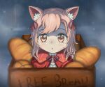  :o animal_ear_fluff animal_ears baguette bangs blush bow box bread capelet cardboard_box english_commentary eyebrows_behind_hair food hair_bow harry_david highres looking_at_viewer nini_yuuna open_mouth pink_eyes pink_hair rain red_bow tsunderia virtual_youtuber younger 