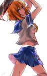  1girl arms_up billhook blood blue_eyes blue_sailor_collar chaahan_(0421_han2) from_side hair_between_eyes highres higurashi_no_naku_koro_ni looking_at_viewer midriff orange_hair ryuuguu_rena sailor_collar school_uniform serafuku solo 