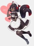  1girl :3 absurdres alternate_costume animal_ears apron black_hair cat_ears cat_tail commentary_request dark_skin dark-skinned_female enmaided flower full_body grey_background hair_flower hair_ornament highres indie_virtual_youtuber looking_at_viewer maid maid_apron maid_headdress mary_janes multiple_tails original paw_pose sakura_chiyo_(konachi000) shoes solo tail very_dark_skin virtual_youtuber waist_bow yellow_eyes 