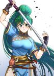  1girl boo_cipher breasts earrings fingerless_gloves fire_emblem frown gloves green_eyes green_hair highres jewelry katana long_hair looking_at_viewer lyn_(fire_emblem) ponytail rope_belt sheath sword thighs weapon white_background 