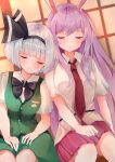  258n 2girls absurdres animal_ears bangs belt black_neckwear bow bowtie breasts commentary dutch_angle green_skirt green_vest hair_ribbon hands_on_lap head_tilt highres konpaku_youmu leaning_on_person long_hair multiple_girls necktie pleated_skirt purple_hair purple_skirt rabbit_ears red_neckwear reisen_udongein_inaba ribbon shirt short_hair short_sleeves silver_hair sitting skirt sleeping small_breasts touhou untucked_shirt very_long_hair vest white_shirt 