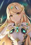  1girl bangs bare_shoulders blonde_hair breasts chest_jewel dress earrings elbow_gloves eyebrows_visible_through_hair gloves highres jewelry kiiro_kimi long_hair looking_at_viewer medium_breasts mythra_(xenoblade) smile super_smash_bros. swept_bangs tiara upper_body white_dress white_gloves xenoblade_chronicles_(series) xenoblade_chronicles_2 yellow_eyes 