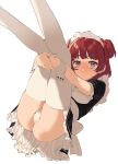  1girl 2l_(2lsize) absurdres ass bangs blush dress frilled_dress frills highres legs_up long_hair maid maid_headdress original panties puffy_short_sleeves puffy_sleeves redhead short_sleeves simple_background solo thigh-highs two_side_up underwear white_background white_legwear white_panties wrist_cuffs 