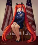  1girl absurdres american_flag artist_name audrie breasts chair full_body hair_ornament hair_ribbon hairclip highres large_breasts last_origin long_hair looking_at_viewer may_of_doom military military_uniform necktie redhead ribbon sitting skirt solo uniform very_long_hair violet_eyes 