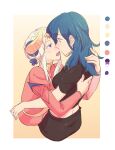  2girls back bangs black_shirt blue_eyes blue_hair blush breasts byleth_(fire_emblem) byleth_eisner_(female) closed_mouth collared_dress commentary_request couple dress edelgard_von_hresvelg eye_contact eyebrows_visible_through_hair face-to-face fire_emblem fire_emblem:_three_houses from_side hair_between_eyes hat highres hug imminent_kiss long_hair long_sleeves looking_at_another multiple_girls open_mouth puffy_long_sleeves puffy_sleeves red_dress riromomo shirt short_sleeves sidelocks simple_background violet_eyes white_background white_hair yellow_background yuri 