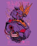  character_name english_commentary from_side gundam gundam_unicorn highres looking_down machinery mecha mobile_suit no_arms no_humans orange_eyes purple_background science_fiction solo stunning_warrior unicorn_gundam_banshee upper_body v-fin 