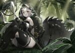  1girl ahoge arknights bangs bare_shoulders black_legwear crocodilian_tail gloves grass highres holding holding_staff hood hood_up knees_up large_tail leaf long_hair long_sleeves looking_at_viewer mannouyakunta nature open_mouth outdoors plant pointy_ears short_hair silver_hair sitting solo staff tail thigh-highs thighs tomimi_(arknights) torn_clothes torn_legwear tree yellow_eyes 