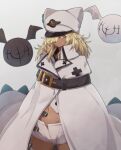  1girl belt belt_buckle blonde_hair buckle cape closed_mouth clover_hair_ornament commentary_request dark_skin dark-skinned_female gloves guilty_gear hair_ornament hair_over_one_eye hat hat_ornament highres long_hair looking_at_viewer lucifero messy_hair midriff one_eye_covered ramlethal_valentine serious solo white_cape white_headwear yellow_eyes yonaga 