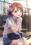  1girl :d alternate_hairstyle arm_rest b.ren bag bangs beige_vest black_skirt blush charm_(object) collar collared_shirt dust_particles eyebrows_visible_through_hair flower green_eyes hair_between_eyes hair_bun hair_flower hair_ornament hairclip highres indoors light_particles looking_at_viewer love_live! love_live!_nijigasaki_high_school_idol_club neck_ribbon open_mouth pink_flower pink_neckwear pink_ribbon pink_scrunchie pleated_skirt polka_dot polka_dot_scrunchie railing redhead ribbon school_bag school_uniform scrunchie shirt short_sleeves side_bun sitting sitting_on_stairs skirt smile solo stairs sunset uehara_ayumu vest white_collar window 