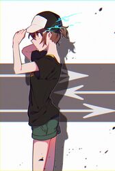  1girl bangs baseball_cap black_shirt brown_eyes brown_hair closed_mouth from_side green_shorts hair_between_eyes hat highres mashu_(masyu_ut) misaka_mikoto profile shadow shirt short_hair short_ponytail short_shorts short_sleeves shorts solo standing t-shirt toaru_kagaku_no_railgun toaru_majutsu_no_index white_background 