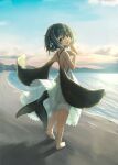  159cm 1girl :d bare_shoulders barefoot beach blue_dress blue_hair blue_sky day dress fins from_behind hands_up headphones looking_at_viewer looking_back medium_hair ocean open_mouth original outdoors sand sky smile solo standing whale_tail_(animal_tail) wings 
