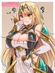  1girl bangs bare_shoulders blonde_hair breasts chest_jewel cleavage_cutout clothing_cutout dress earrings elbow_gloves gloves highres jewelry kurokaze_no_sora large_breasts long_hair mythra_(xenoblade) short_dress solo swept_bangs tiara very_long_hair white_dress white_gloves xenoblade_chronicles_(series) xenoblade_chronicles_2 yellow_eyes 
