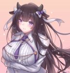  1girl animal_ears arms_under_breasts azur_lane bangs blush breasts brown_hair cow_ears cow_girl cow_horns eyebrows_visible_through_hair hair_ornament horns kashino_(azur_lane) large_breasts long_hair simple_background solo tofu_fufu violet_eyes 