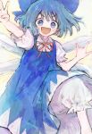  1girl :d \m/ arm_up bangs bloomers blue_bow blue_dress blue_eyes blue_hair bow cirno collared_shirt dot_nose dress eyebrows_visible_through_hair feet_out_of_frame frilled_sleeves frills hair_bow hand_up ice ice_wings knee_up large_bow looking_at_viewer nanzuyo_(gnsi) neck_ribbon open_mouth pinafore_dress puffy_short_sleeves puffy_sleeves red_neckwear red_ribbon ribbon shirt short_hair short_sleeves signature simple_background smile solo tareme touhou underwear v v-shaped_eyebrows white_shirt wing_collar wings yellow_background 