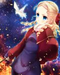  1girl blonde_hair blue_eyes cape casting_spell cloak curly_hair fingerless_gloves gloves harushino jelanda long_hair magic red_cape serious valkyrie_profile wand 