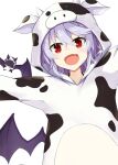  1girl akisome_hatsuka alternate_costume animal_costume arms_up bat bat_wings blue_hair chinese_zodiac commentary_request cow_costume eyebrows_visible_through_hair fang hair_between_eyes head_tilt looking_at_viewer open_mouth outstretched_arms partial_commentary red_eyes remilia_scarlet short_hair simple_background skin_fang solo spread_arms standing touhou upper_body white_background wings year_of_the_ox 