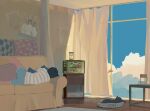 ambiguous_gender aqua_shorts bangqiao_yan black_cat black_hair blue_sky cat clouds cloudy_sky couch curtains facing_away hourglass lying on_side original pillow shirt short_hair short_sleeves shorts sky solo striped striped_shirt television window 