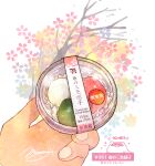  cherry_blossoms cup dessert dumpling english_text floral_background food food_focus hands highres holding holding_cup momiji_mao original pastry signature simple_background sparkle tree white_background 