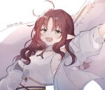  1girl arknights banner brown_hair dated green_eyes long_hair midriff myrtle_(arknights) navel nstlgie pointy_ears signature tank_top white_background 