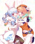  2girls :d animal_ear_fluff animal_ears bare_shoulders black_legwear blue_hair blush carrot chino_machiko cowboy_shot eye_contact flower heart heart_in_eye hololive hololive_english hug long_hair looking_at_another multicolored_hair multiple_girls open_mouth orange_hair pantyhose rabbit_ears rabbit_girl smile symbol_in_eye takanashi_kiara thigh-highs two-tone_hair usada_pekora v virtual_youtuber white_legwear 