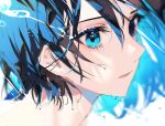  1other ambiguous_gender blue_eyes blue_hair blurry blurry_foreground close-up crying crying_with_eyes_open eyelashes highres looking_at_viewer original parted_lips portrait short_hair simple_background tears water_drop white_background zumi_(neronero126) 