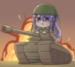  1girl :o bangs blurry blurry_background blush_stickers brown_background brown_hair camouflage camouflage_shirt chibi collared_shirt commentary depth_of_field dress_shirt explosion eyebrows_visible_through_hair full_body gradient_hair green_shirt ground_vehicle hair_between_eyes helmet highres hololive hololive_indonesia long_hair military military_vehicle moona_hoshinova motor_vehicle multicolored_hair parted_lips purple_hair rutorifuki shirt solo tank very_long_hair violet_eyes virtual_youtuber 