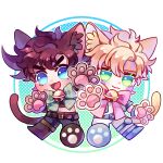  2boys :3 animal_ear_fluff animal_ears battle_tendency bell belt blonde_hair blue_eyes blue_footwear blue_jacket bow bowtie brown_footwear brown_hair caesar_anthonio_zeppeli cat_boy cat_ears cat_paws cat_tail chibi circle closed_mouth crop_top denim dot_nose facial_mark green_bow green_eyes half-closed_eyes headband highres jacket jeans jingle_bell jojo_no_kimyou_na_bouken joseph_joestar_(young) kemonomimi_mode knee_pads looking_at_viewer male_focus multiple_boys multiple_sources neck_bell open_mouth pants paw_shoes paws pink_bow shirt shoes short_hair side-by-side sky_kiki smile striped striped_bow tail white_pants white_shirt 