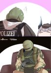  1girl 2boys absurdres arknights blitz_(rainbow_six_siege) body_armor camouflage_print cellphone closed_eyes crossover disembodied_limb english_text german_text girls_frontline gloves helmet highres liskarm_(arknights) military military_uniform multiple_boys petting phone police police_uniform rainbow_six_siege stukov tachanka_(rainbow_six_siege) tactical_clothes uniform 