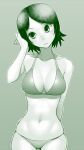  1girl bikini breasts character_request closed_mouth cowboy_shot gishu green_background green_theme halterneck head_tilt highres holding_shell large_breasts monochrome sayonara_zetsubou_sensei seashell shell short_hair simple_background skindentation solo standing swimsuit 