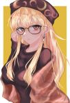  1girl alternate_costume black_sweater blonde_hair breasts contemporary dangle_earrings earrings glasses gomashiopappa_k hat highres jewelry junko_(touhou) long_hair looking_at_viewer medium_breasts red_eyes shawl solo sweater touhou 