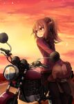  159cm 1girl animal_ears blush brown_hair brown_pants closed_mouth fang fang_out ground_vehicle headwear_removed helmet helmet_removed holding holding_helmet jacket long_sleeves motor_vehicle motorcycle original outdoors pants ponytail red_eyes red_jacket red_sky sky smile solo wine-chan_(159cm) 