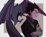  1boy black_hair commentary_request crossed_arms fangs fishnets floating_scarf from_side gen_1_pokemon golbat koga_(pokemon) male_focus p-40_(tukinosita-de) parted_lips pokemon pokemon_(creature) scarf smile spiky_hair upper_body 