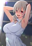  1girl armpits arms_up bangs blurry blurry_background breasts commentary_request dress embarrassed eyebrows_visible_through_hair forced_smile grey_hair hair_between_eyes hair_ribbon highres komagome_azuzu lens_flare looking_at_viewer medium_breasts medium_hair open_mouth oshiza presenting_armpit red_eyes ribbon senyoku_no_sigrdrifa smile solo standing upper_body upper_teeth white_dress window 