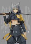  animal_ears baggy_pants belt breasts buckle cargo_pants crop_top facial_tattoo furukawa_herzer green_eyes highres jacket medium_hair midriff original over_shoulder pants silver_hair strap sword sword_over_shoulder tattoo under_boob weapon weapon_over_shoulder wolf_ears wolf_girl 