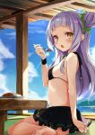  1girl absurdres bangs bare_shoulders barefoot beach bikini bikini_top black_bikini black_skirt blunt_bangs blush breasts choker clouds food food_on_face from_side full_body green_eyes hair_bun hair_ornament hand_up highres holding holding_spoon hololive long_hair looking_at_viewer looking_to_the_side murasaki_shion open_mouth pillar plate pleated_skirt purple_hair sideboob sidelocks sitting skirt sky small_breasts solo spoon stomach swimsuit table thighs toshizou_(0714) virtual_youtuber water wristband 