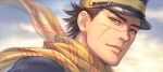  1boy brown_eyes brown_hair day golden_kamuy hat highres looking_at_viewer male_focus military_hat mprichin outdoors scar scar_on_face scar_on_mouth scar_on_nose scarf short_hair signature solo spiky_hair sugimoto_saichi upper_body yellow_scarf 
