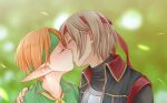  1boy 1girl black_shirt black_vest blurry blurry_background blush brown_hair closed_eyes commentary_request couple elf gensou_suikoden gensou_suikoden_iv green_capelet green_headband ham_pon headband hetero kiss lazlo orange_hair paula_(suikoden) pointy_ears red_headband shirt short_hair turtleneck upper_body vest yellow_neckwear 