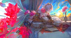  1boy absurdres armor blue_eyes blue_sky chest_jewel choker closed_mouth egawa_akira fate/apocrypha fate_(series) fingernails flower gem gold highres karna_(fate) lamp lotus male_focus pale_skin pillow scroll sharp_fingernails short_hair skinny sky solo spiked_choker spikes spiky_hair sunset tassel vambraces vase white_hair 