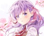  1girl 23xxx bangs blush breasts brown_vest cherry_blossoms collared_shirt fate/stay_night fate_(series) flower hair_ribbon highres homurahara_academy_uniform large_breasts long_hair long_sleeves looking_at_viewer matou_sakura neck_ribbon parted_lips purple_hair red_ribbon ribbon shirt vest violet_eyes white_shirt 