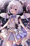  1girl amane_kanata angel_wings bangs blush breast_cutout commentary eyebrows_visible_through_hair gloves halo highres hololive idol_clothes looking_at_viewer open_mouth silver_hair solo sorashima_(117) violet_eyes virtual_youtuber white_gloves wings 