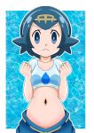  1girl arms_up baggy_pants bangs blue_eyes blue_hair blue_pants copyright crop_top groin hainchu hairband lana_(pokemon) loose_pants lowleg lowleg_pants navel no_panties pants pokemon water_drop 