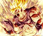  1boy angry aura bare_arms bare_shoulders biceps blonde_hair clenched_hands collarbone derivative_work dougi dragon_ball dragon_ball_z fighting_stance foreshortening frown glowing glowing_hair looking_to_the_side male_cleavage male_focus mature_male muscular muscular_male open_mouth pectorals sekitsuki_hayato shirt short_hair sleeveless solo son_goku spiky_hair super_saiyan super_saiyan_1 torn_clothes torn_shirt upper_body veins 