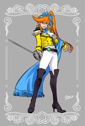  1girl alternate_costume blue_eyes blue_ribbon boots coat earrings full_body gyakuten_saiban gyakuten_saiban_5 hair_ribbon holding holding_sword holding_weapon jewelry kizuki_kokone konpane_(ohj) long_hair looking_at_viewer orange_hair pants ponytail ribbon solo sword thigh-highs thigh_boots weapon white_pants yellow_coat 